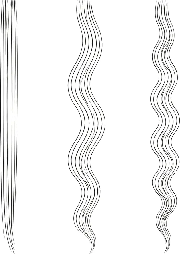 Line illustration comparing straight, body wave and deep wave hair side by side