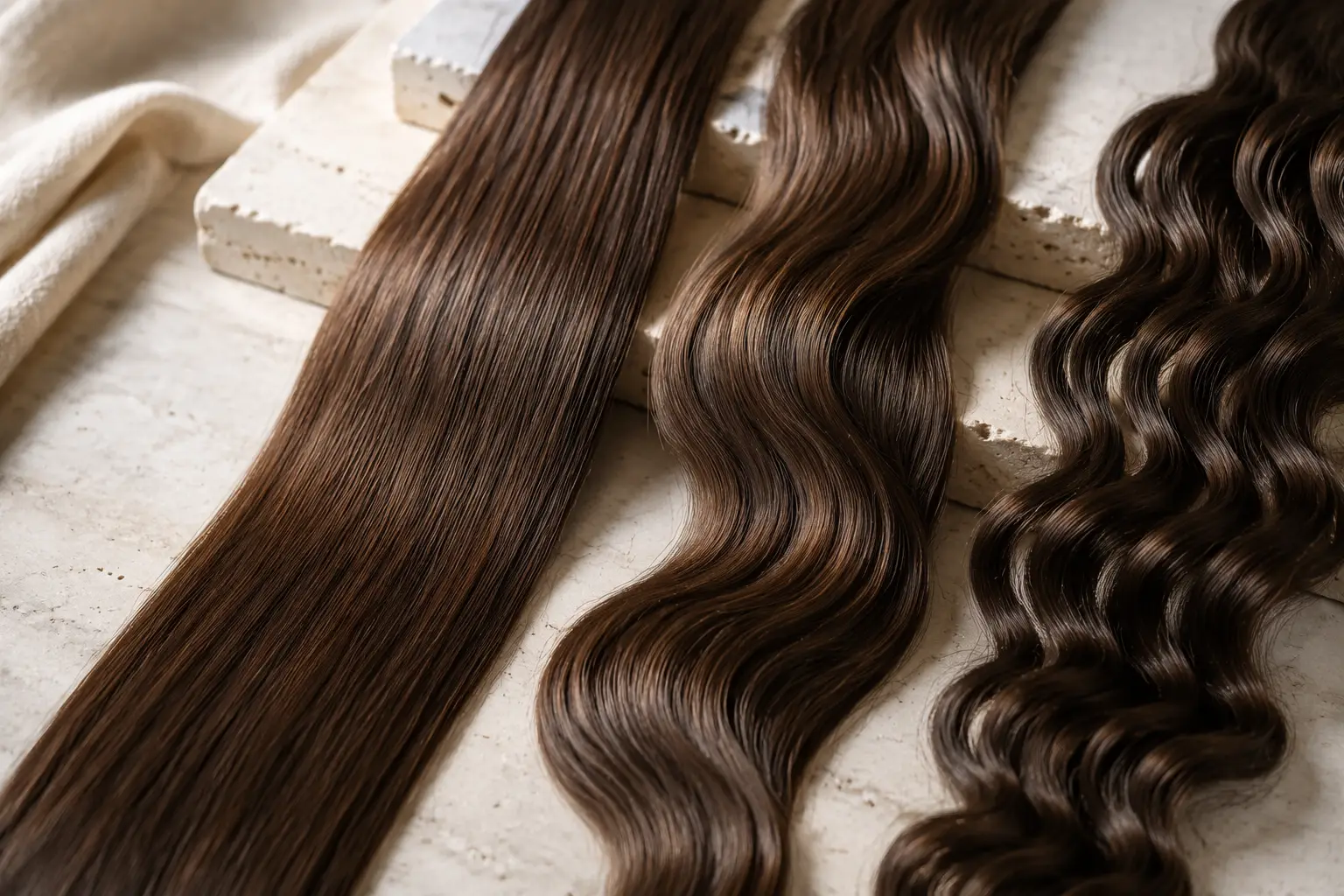Three lengths of human hair laid side by side — straight, body wave and deep wave