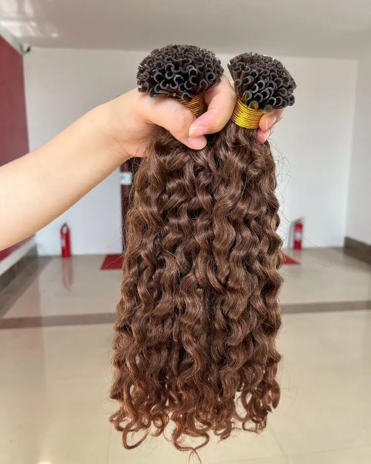 Brown Curly U Nail Tip In Hair Extensions