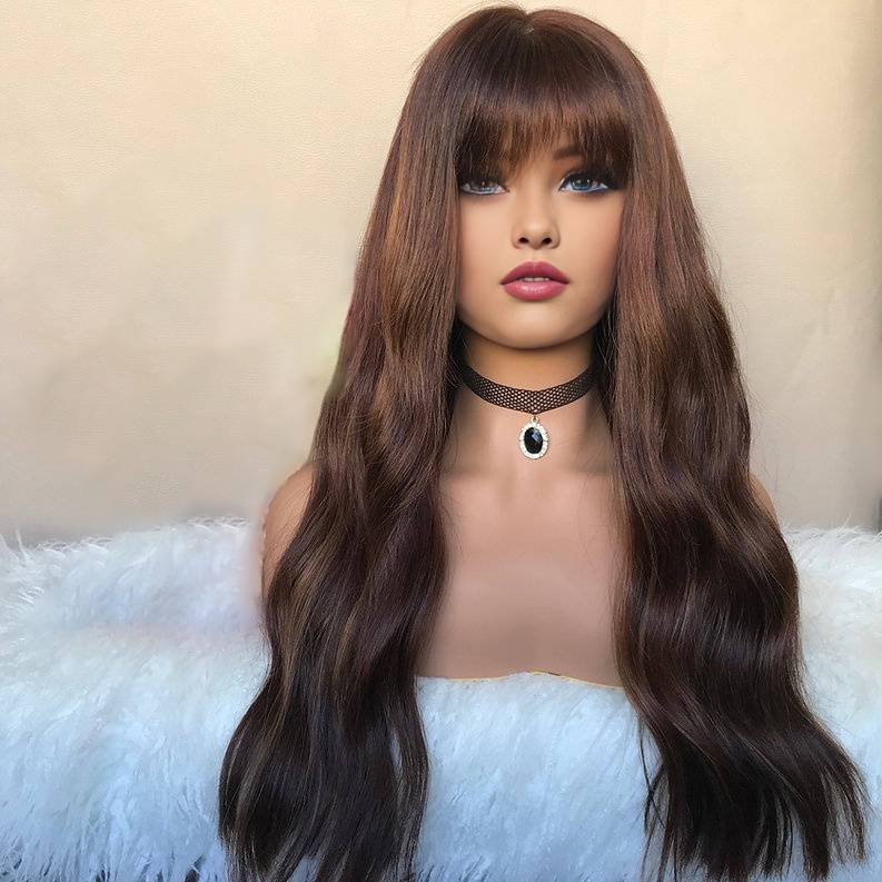 Dark Brown Wave Lace Front Wigs with Bangs