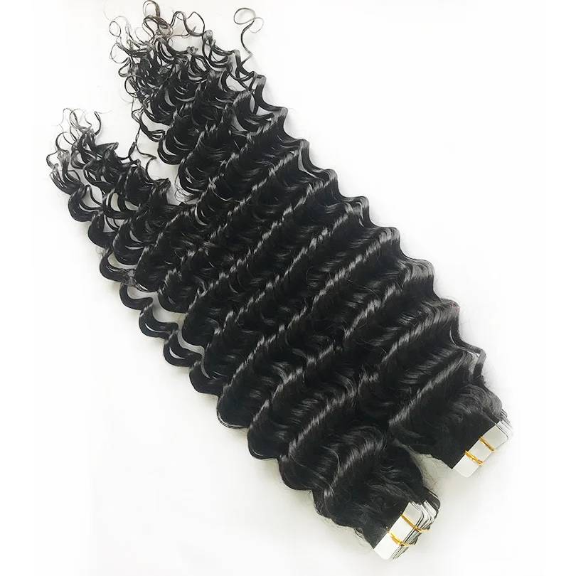 Deep Curly Tape In Human Hair Extensions Skin Wefts