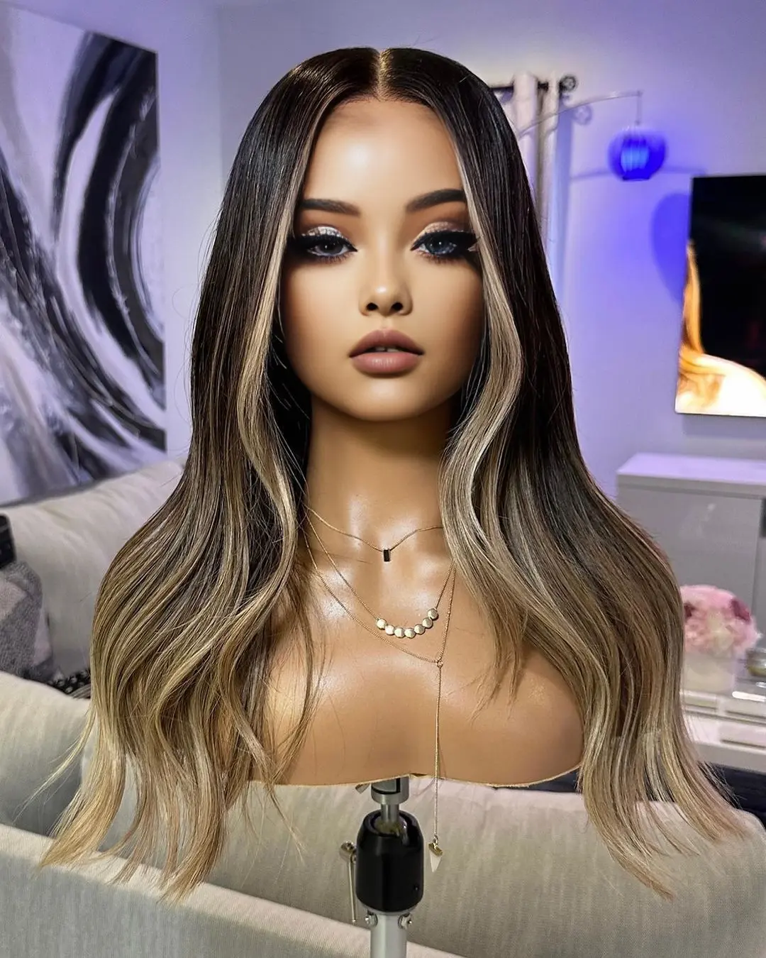 Highlight Blonde Brown Long Wave Ombre Lace Front Wigs